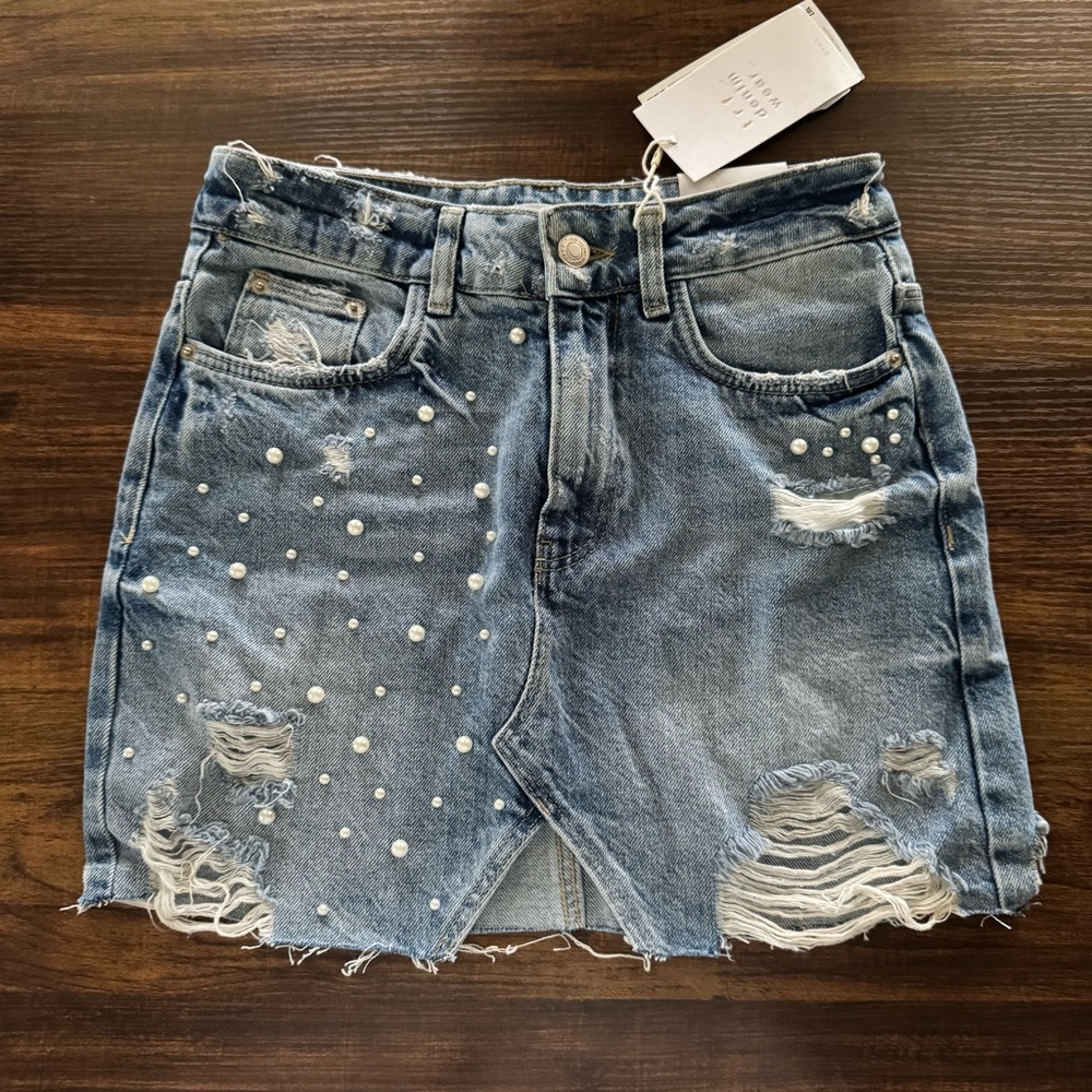 NWT Zara Distressed Pearl-Embellished Denim Mini Skirt
